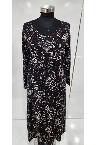 HESNA Kadın Büyük Beden Yakası Taş Detaylı Siyah Anne Elbisesi