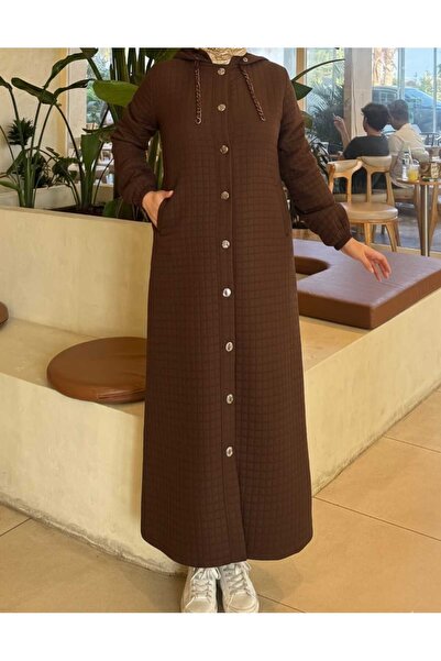 nacar çarşı Kadın Kapitone Uzun Kapüşonlu Düğmeli Mont