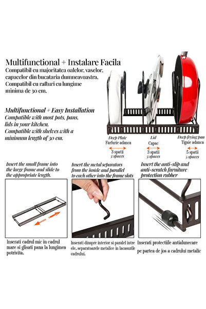 Callena Suport reglabil pentru tigaie, protecție din cauciuc, bronz, 7 separatoare, oțel, 32-58 cm,