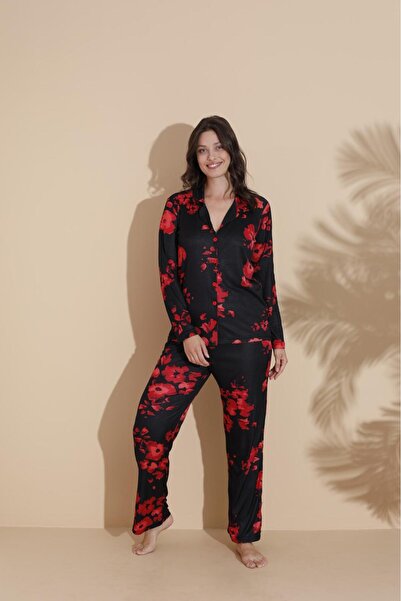 FİT WOMEN PAMUKLU ÇİZGİLİ GÜL DESENLİ DÜĞMELİ UZU KOLLU PİJAMA TAKIMI 19241