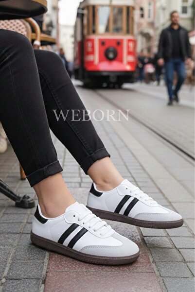 WEBORN Women's White Gray Black Striped Lightweight Comfortable Sole Sneaker Faux Leather Sports Shoes