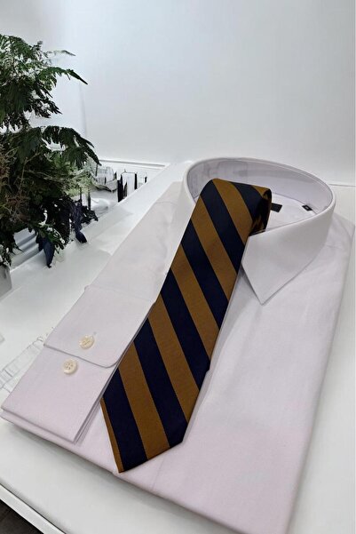 Sarar Microfibre 7 cm Çizgili Lacivert-Koyu Sarı Kravat KR-10