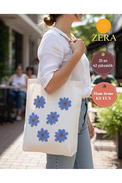zera collection ΤΣΑΝΤΑ Μοντέρνα Κεντημένη Τσάντα Tote από Ακατέργαστο Λινό