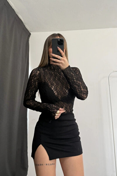 mielva Kadın Siyah Uzun Kollu Dantel Transparan Bluz