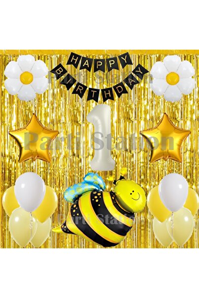 Parti Station مجموعة بالونات حفلة عيد الميلاد الأولى بتصميم النحلة والبابونج