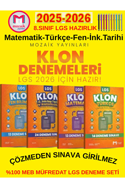 Mozaik Yayınları 8. Sınıf LGS Matematik-Türkçe-Fen-İnkılap Tarihi Klon Deneme...