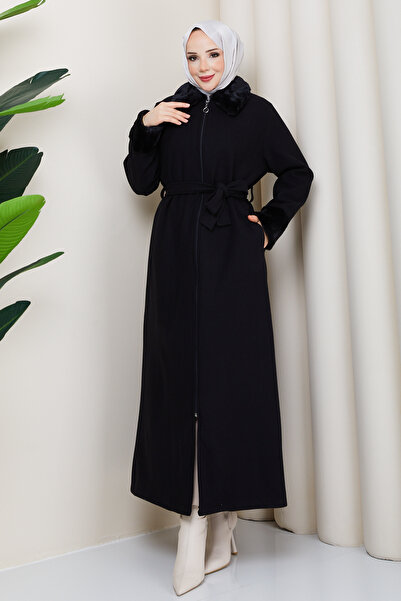 Pamuk Butik Women's Lined Fur Detailed Cashmere Coat