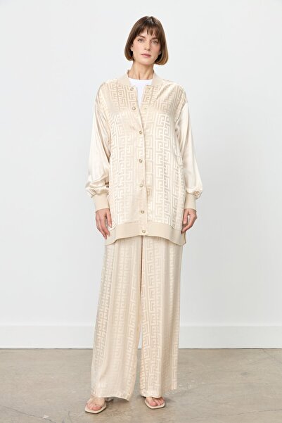 Nihan Omzu Taşlı Jakar Pantolon Tunik Takım Bej