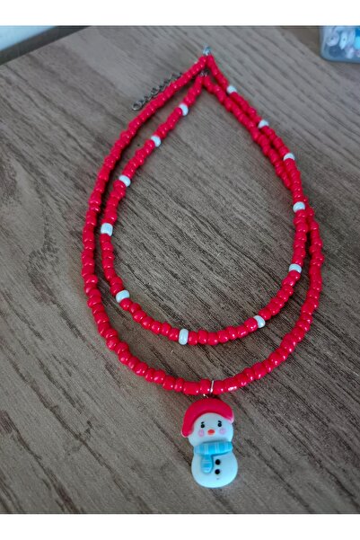 LORESİMA AKSESUAR Christmas Themed Double Red Children's Necklace with Snowman