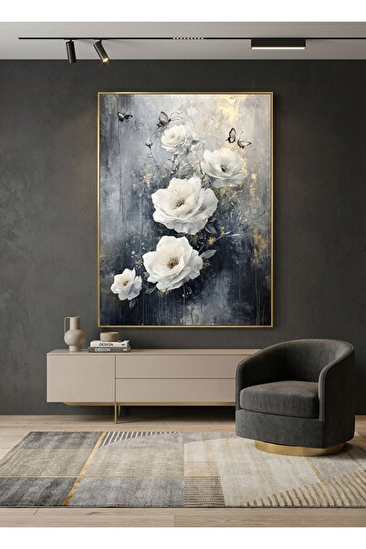 Linacci Single Gold Metal Black and White Flower Glass Poster Painting Set