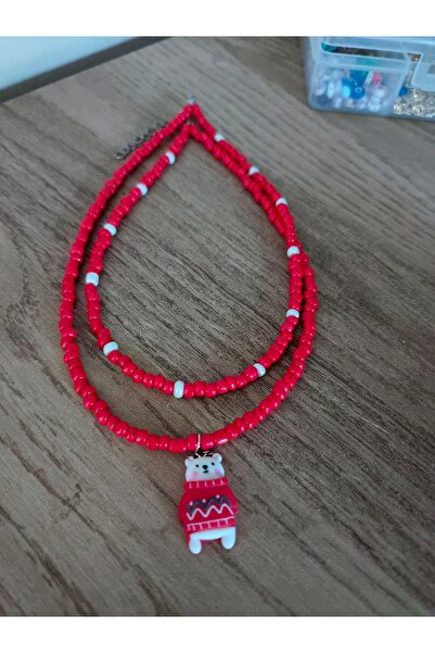LORESİMA AKSESUAR New Year Themed Double Red Children's Necklace with Bear