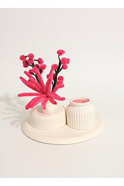 Store El Yapımı Fuşya Şönil Çiçekli Vazo, Mum ve Tepsi Dekoratif Set