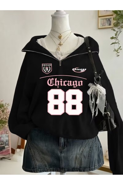 AEMİ Unisex Printed Half-Zip Oversize Sweatshirt