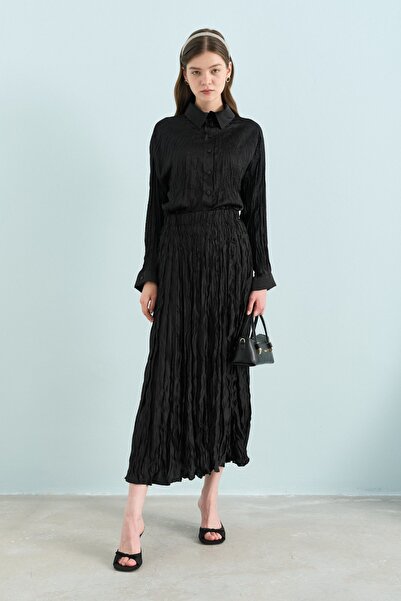 Nihan Saten Crash Gömlek Etek Takım Siyah