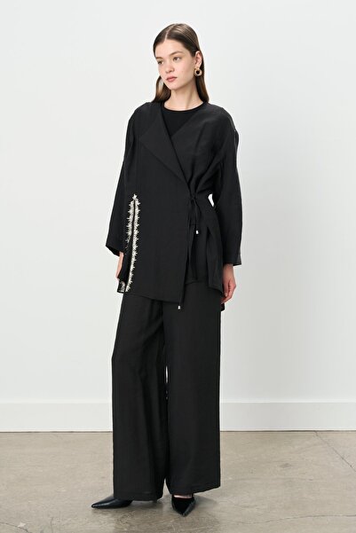 Nihan Bağlama Detaylı Pantolon Ceket Modal Takım Siyah