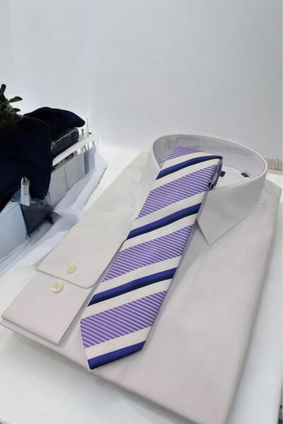 Sarar Cravată din microfibră cu dungi mov-alb de 7 cm KR-30