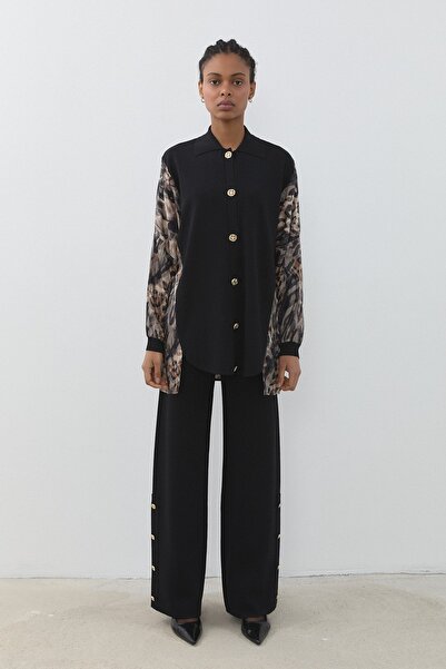 Nihan Düğme Detaylı Rayon Pantolon Tunik Takım Siyah