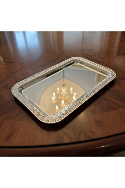 Dania ✨ صحن تقديم مستطيل معدن نيكل لامع بزخرفة دوائر – مقاس 25 × 15 سم