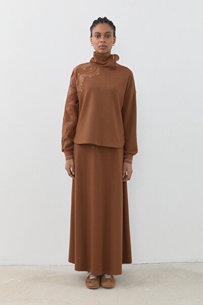 Nihan Deri Nakışlı Etek Bluz Takım Açık Kahve