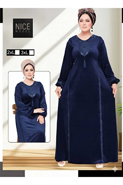 TREN Velvet Embroidered Plus Size Maxi Dress Long Sleeve Modest Abaya 2XL-3XL Elegant Kaftan Burgundy