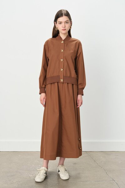 Nihan Düğmeli Ribanalı Etek Ceket Pamuk Takım Çikolata