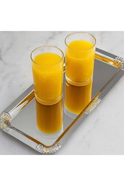 Dania ✨🍽️ صحن تقديم مستطيل معدن نيكل لامع بزخرفة ذهبية – مقاس 33 × 15 سم