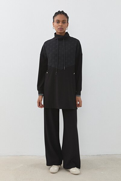 Nihan İnce Kapitone Garnili Örme Pantolon Tunik Takım Siyah