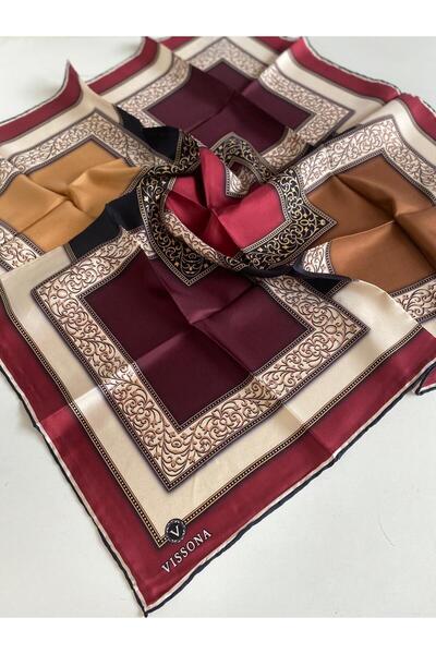 Vissona Tivil Silk Scarf 17202 - 14 - 0033 - 0018 Navy Blue Burgundy Batik Pattern