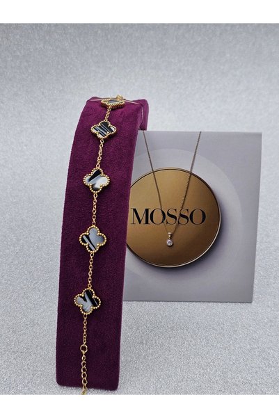 Mosso Steel Pearlescent Black Color Steel Bracelet Gold and Black Color Clover Model Steel Bracelet