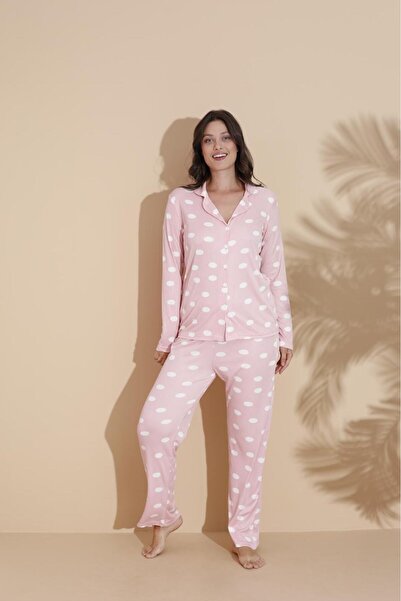 FİT WOMEN PAMUKLU ÇİZGİLİ PUANTİYE DESENLİ DÜĞMELİ UZU KOLLU PİJAMA TAKIMI 19244