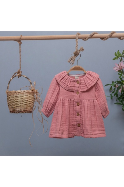 UrazBebe %100 Pamuk Kız Bebek Müslin Fırfırlı Elbise Pembe