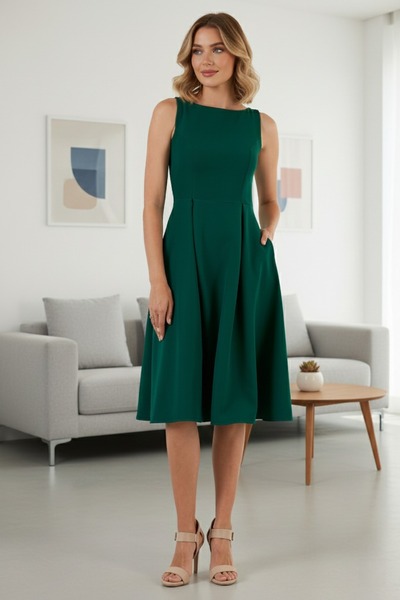 Lela Regular Fit Crew Neck Pleated Midi Length Evening Dress with Pockets Dress 6111963