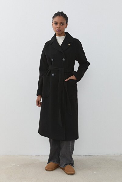 Nihan Kuşaklı Kruvaze Kaban Siyah