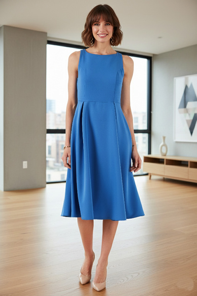 Lela Regular Fit Crew Neck Pleated Midi Length Evening Dress with Pockets Dress 6111963