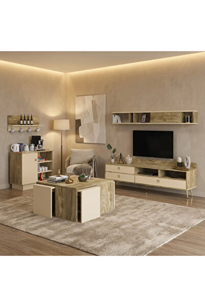 Stylish Home طقم طاولات بيج وخشبي مودرن - SH49