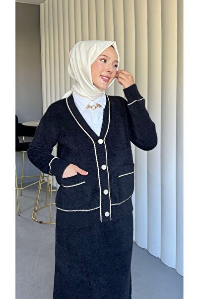PİNK FLY Angora Fabric V-Neck Skirt Suit with Pockets