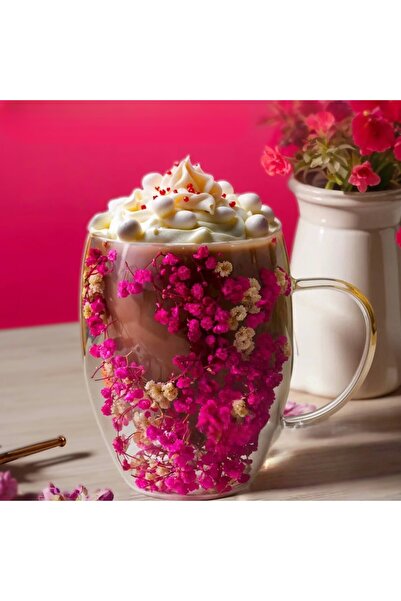 OEM Dried flower mug, double wall, borosilicate glass, thermal insulation, 250 ml, Deep pink