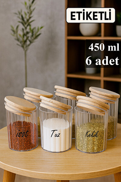 Mutfak Köşesi طقم توابل أكريليك من إيلورا مكون من 6 قطع سعة 450 مل مع أغطية خشبية محكمة الإغلاق - مع ملصق هدية