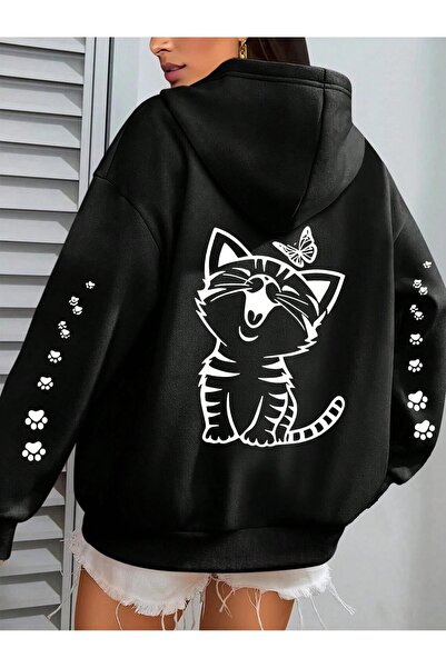 Afri Φούτερ με χαριτωμένο χαμογελαστό γάτο και πόδια με τύπωμα Μαύρο με κουκούλα