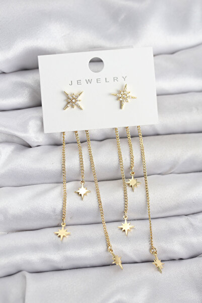 STİLLOVE Polar Star Model Gold Color Brass Dangle Women's Earrings