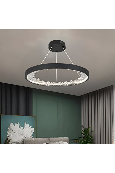 Alista Home Candelabru LED suspendat cu telecomandă, cristale K9, 27W, 1 inel, reglabil intensitate, negru, înălțime reglabilă