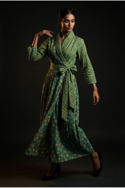OEM Hand-printed cotton wrap dress