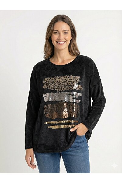 della moor Kadın Siyah İtalyan Varaklı Düşük Kol Oversize Salaş Kadife Bluz