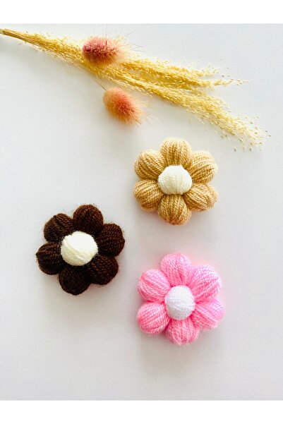 seyranat 3-Piece Pink, Dark, Light Brown Knitted Daisy Flower Patterned Clip-...