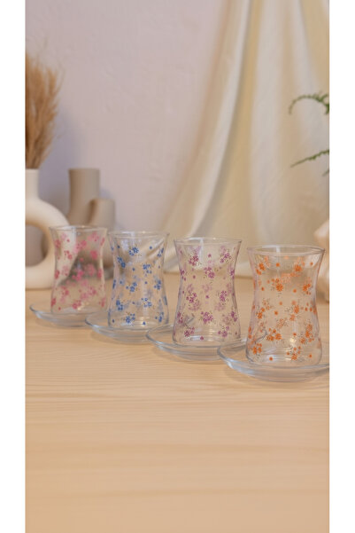 REMİ DESİGN 4 Renk Çiçek Desenli Cam Çay Fincanı Seti – 8 Parça