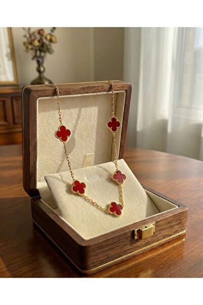 inworldout Paslanmaz Çelik 5'li kırmız Yonca Kolye - Kararmaz Gold Zincir Şan...