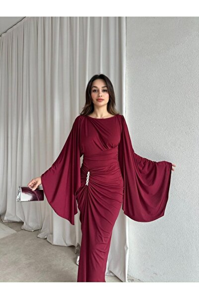 hillone likralı maxi ispanyol kol elbise bordo