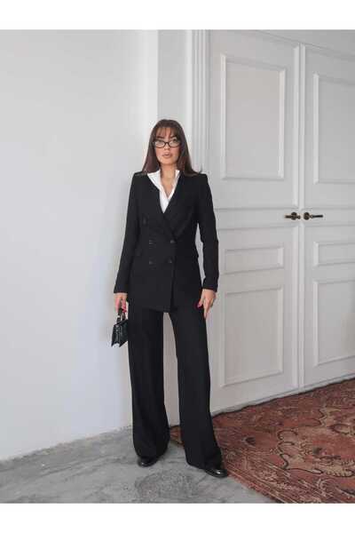 Swass Wool Effect Blazer Jacket and Palazzo Pants Sets Black