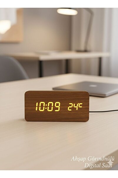 Duru Dijital Ahşap Görünümlü Sese Duyarlı Led Ekranlı Dijital Masa Saati Term...