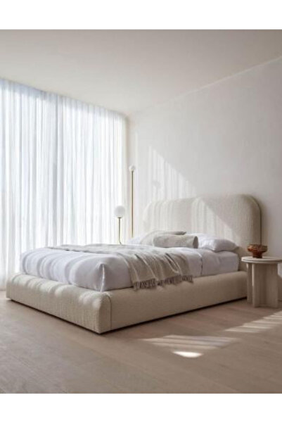 Abdo1996 سرير عصري بيج اللون من قماش البوكليه
